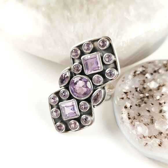 Sterling Silver Amethyst Geometric Crawler Ring Size 6.75 - Picture 2 of 10